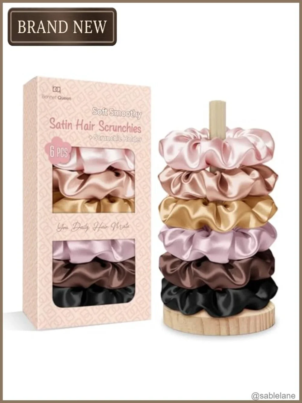 Satin Scrunchies for Women, No Crease Silk Hair Ties 6 Pack with Holder, Gentle